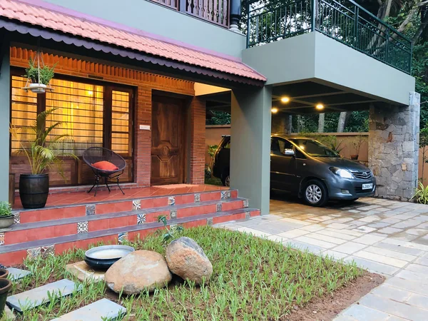 Entrance porch and car porch at dusk